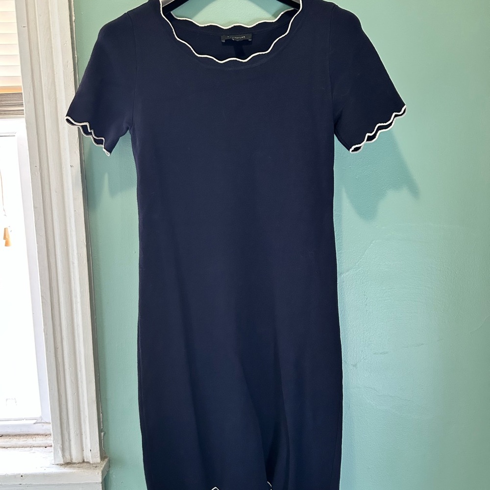 Ann Taylor Navy Mini Dress with White Scallop Trim